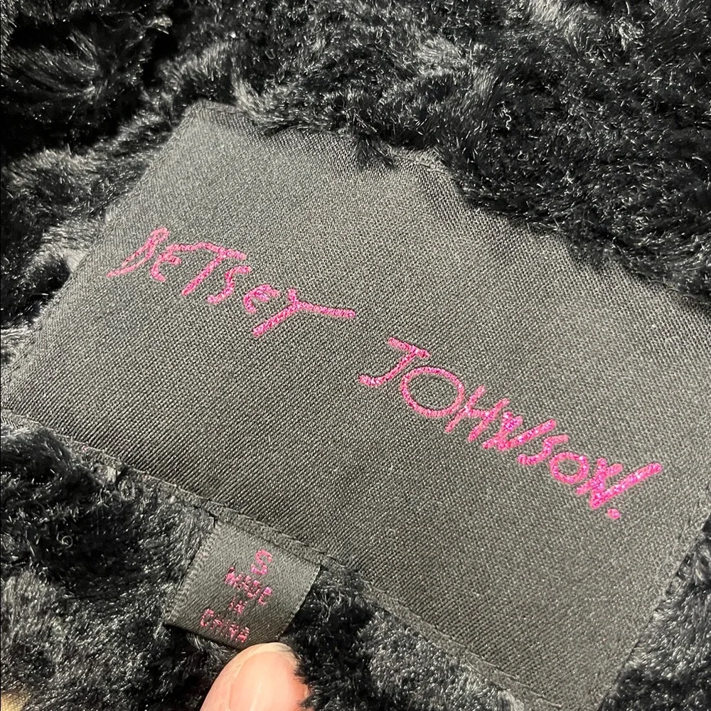 BETSEY JOHNSON Penny Lane Faux Mongolian Fur/Leather Mod Wide Collar BLK Coat S - Picture 3 of 16